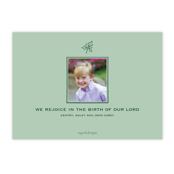 Calligraphy Tree Green Christmas Card, One Photo on Back