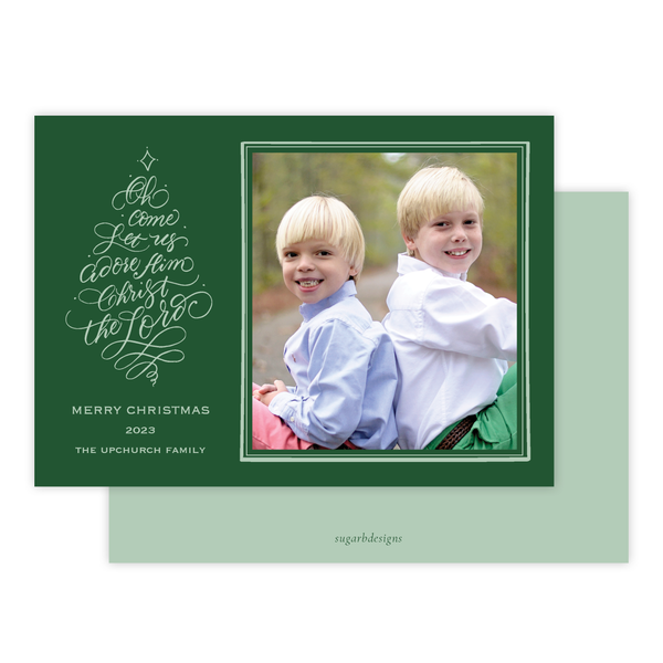 Calligraphy Tree Green Christmas Card, Two Photos on Back
