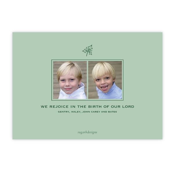 Calligraphy Tree Green Christmas Card, Two Photos on Back
