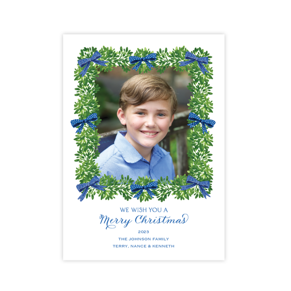Denson Blue Border Gingham Portrait Christmas Card