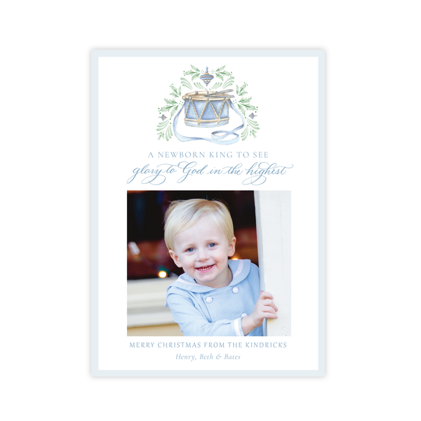 Drummer Boy Flourished Blue Christmas Card, no photo on back