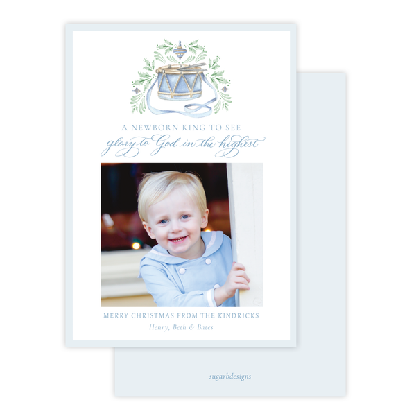 Drummer Boy Flourished Blue Christmas Card, no photo on back