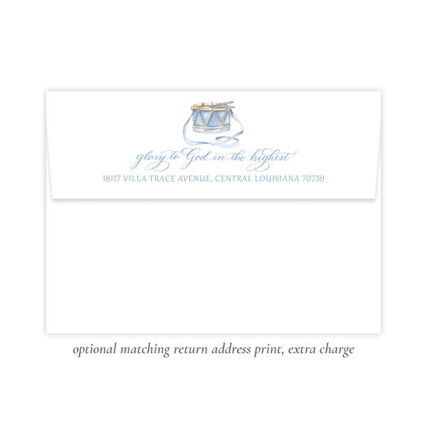 Drummer Boy Flourished Blue Christmas Card, no photo on back