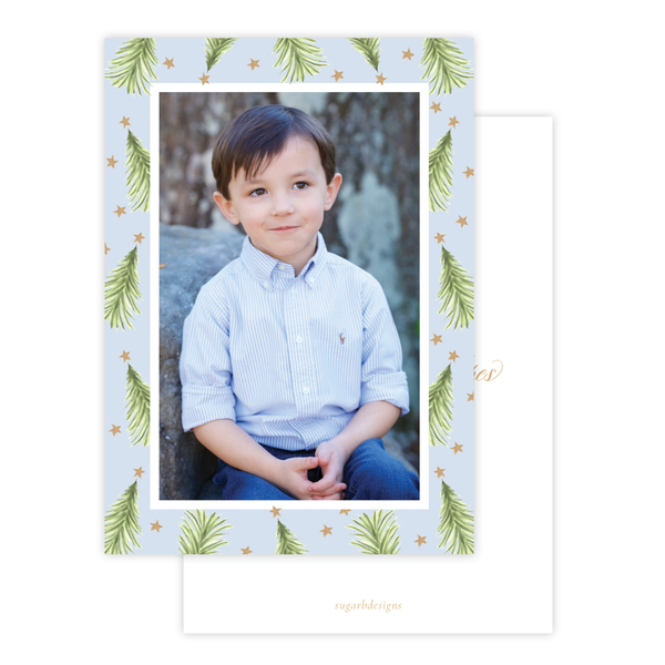 Hagan Tree Border Blue Christmas Card Portrait