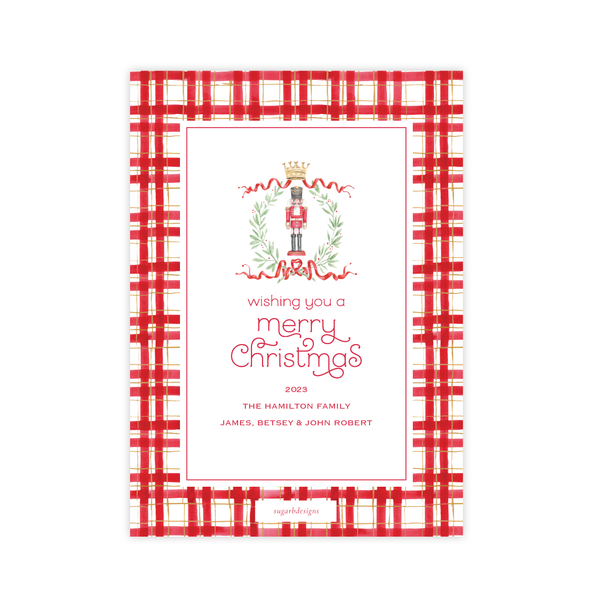 Nutcracker Royal Wreath Plaid Border Portrait Christmas Card