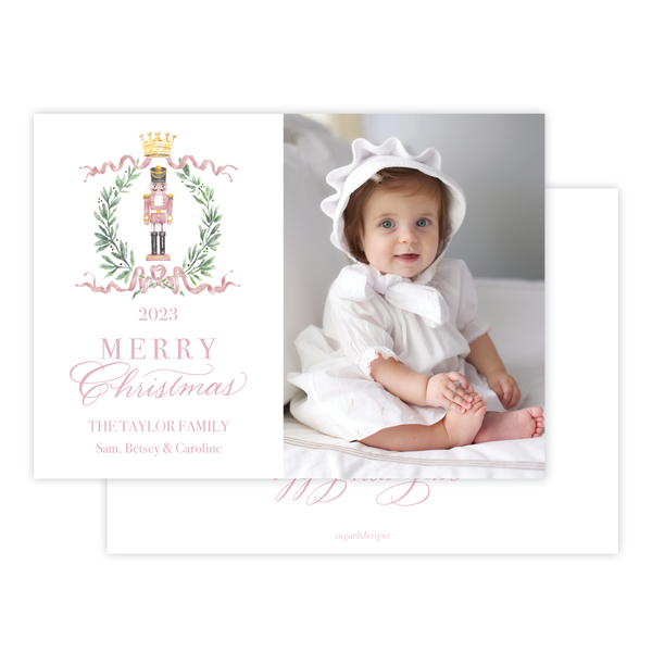 Nutcracker Royal Wreath Pink Landscape Christmas Card