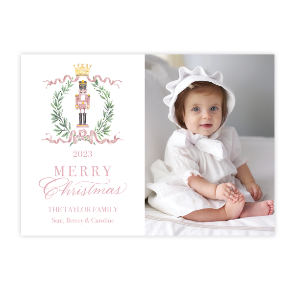 Nutcracker Royal Wreath Pink Landscape Christmas Card