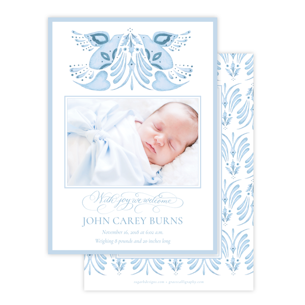 Alleluia Birth Announcement Christmas Card in Blue