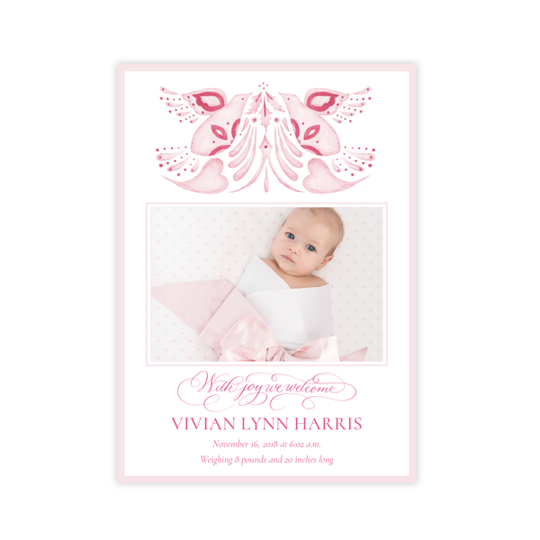 Alleluia Birth Announcement Christmas Card in Pink