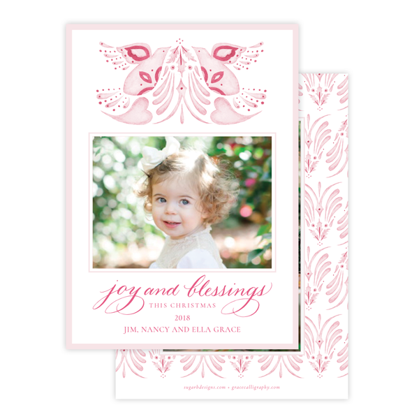 Alleluia Bird Pink Vertical Two Photo Christmas Card