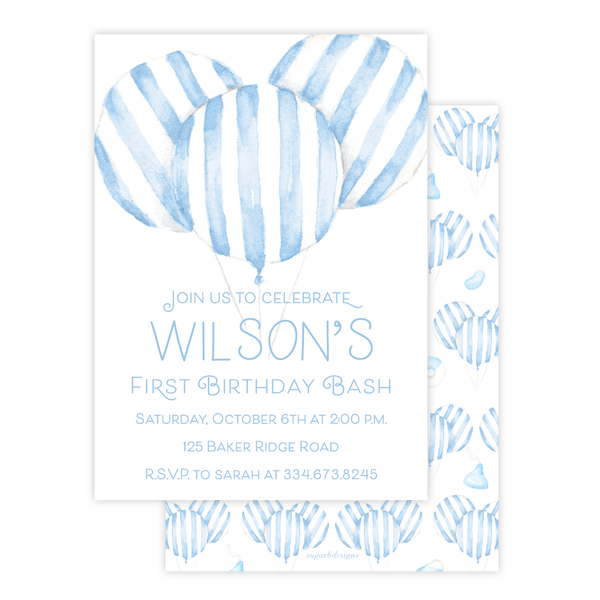 Balloon Blue Stripe Birthday Invitation