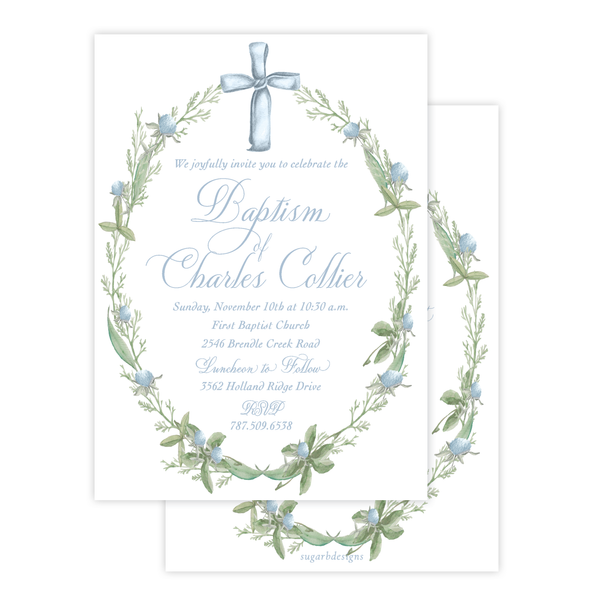 Blue Cross Large Wreath Baptism Invitation