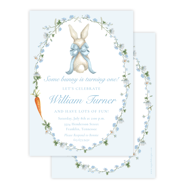 Bunny and Bow Blue Birthday Invitation
