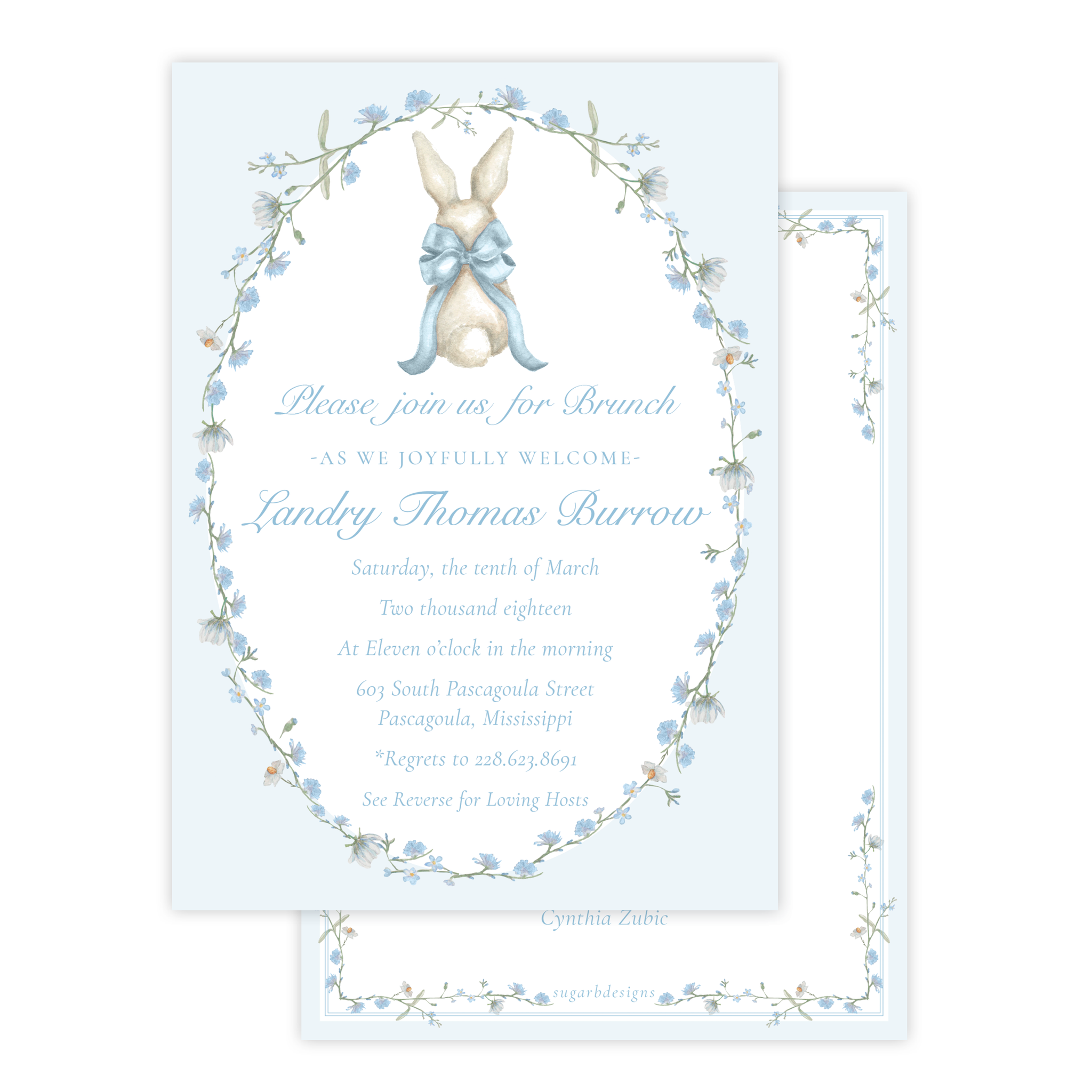 Bunny and Bow in Blue Wreath Baby Shower Invitation