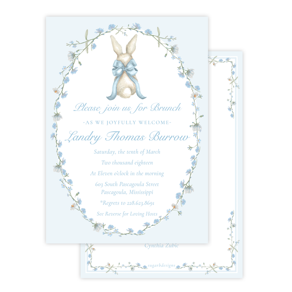 Bunny and Bow in Blue Wreath Baby Shower Invitation