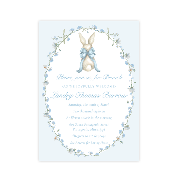 Bunny and Bow in Blue Wreath Baby Shower Invitation