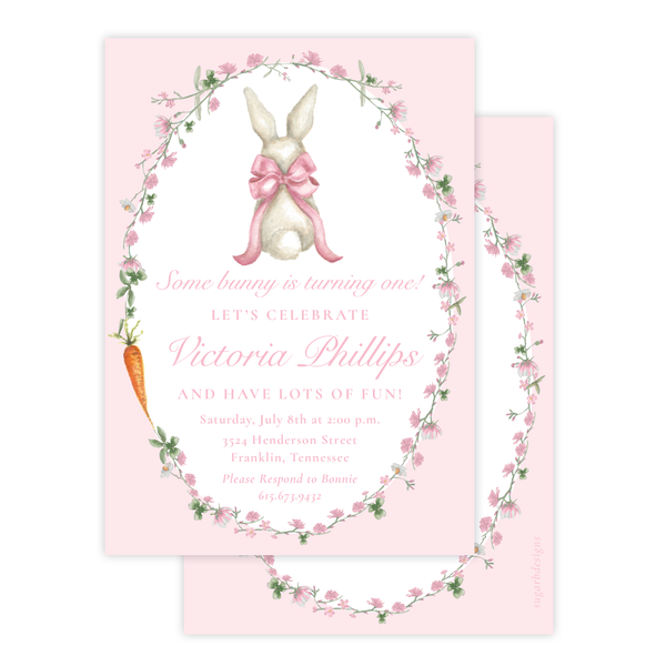 Bunny and Bow Pink Birthday Invitation