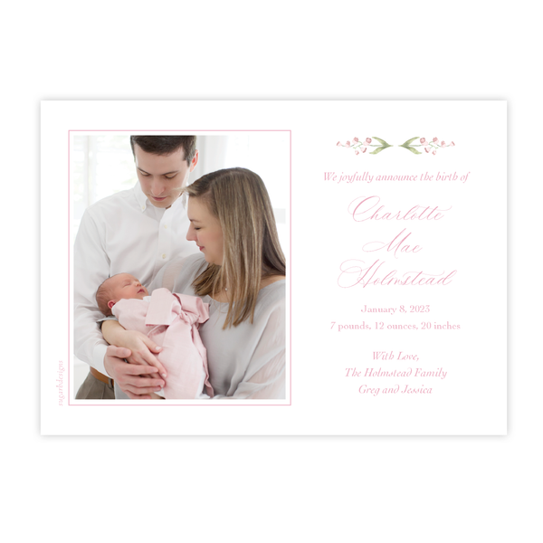 Cassatt Pink Birth Announcement Landscape