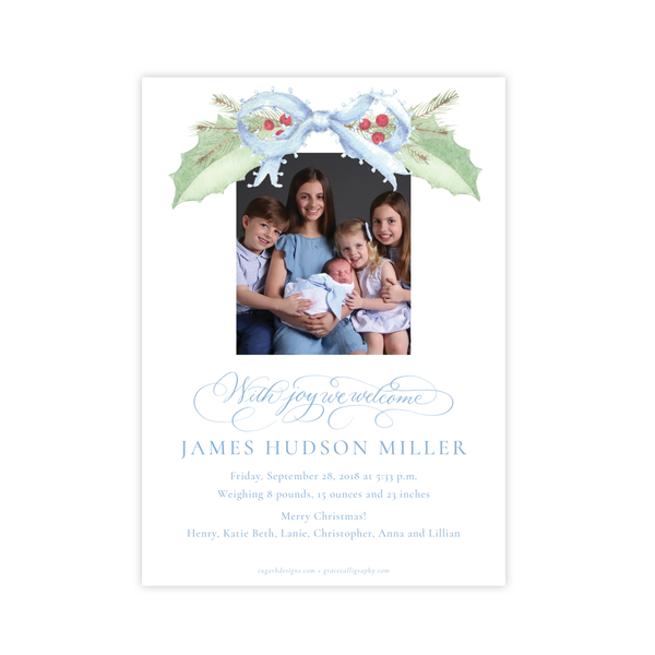 Collins Bow Blue Birth Announcement Christmas Card