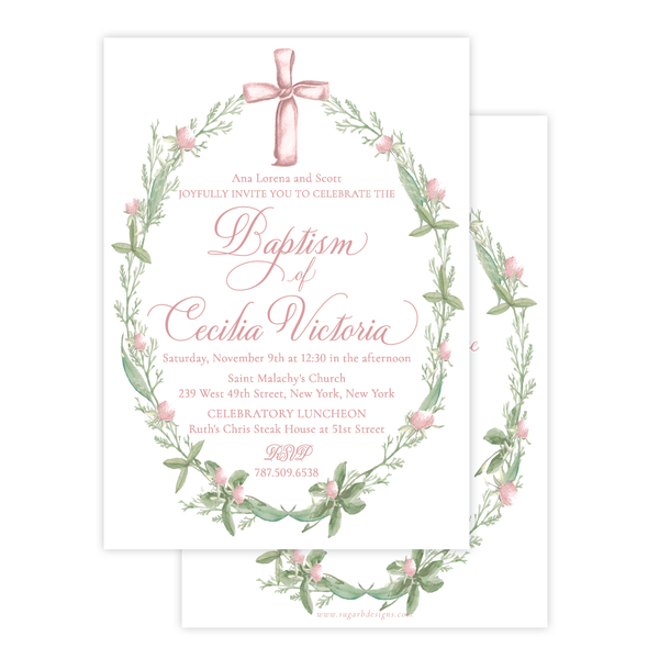 Pink Cross Large Wreath Baptism Invitation