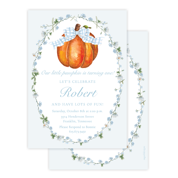 Cute Pumpkin Blue Bow Birthday Invitation