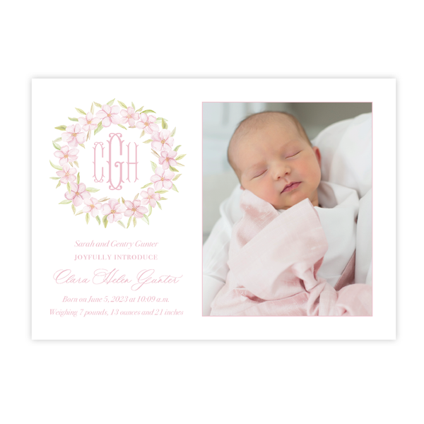 Dogwood Blooms Monogram Wreath Birth Announcement