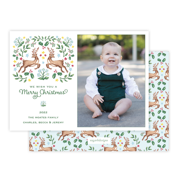 Dancer and Prancer Blue Christmas Card Landscape No Photo on Back