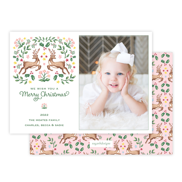 Dancer and Prancer Pink Christmas Card Landscape with No Photo on Back