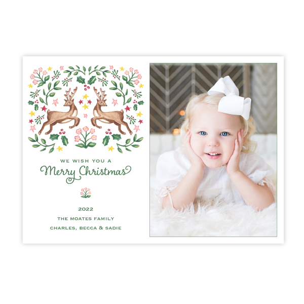 Dancer and Prancer Pink Christmas Card Landscape with No Photo on Back