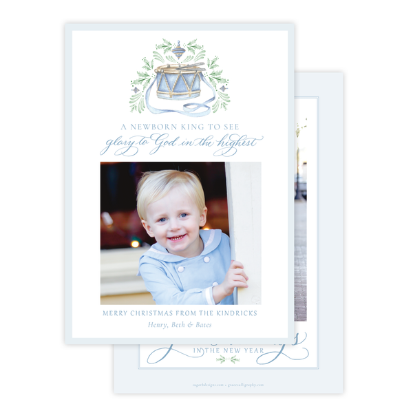 Drummer Boy Flourished Blue Christmas Card