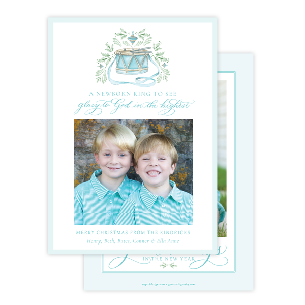 Drummer Boy Flourished Seafoam Christmas Card
