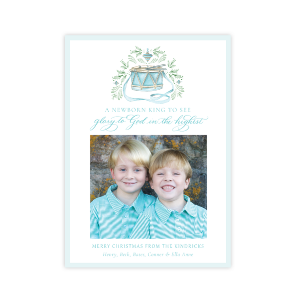Drummer Boy Flourished Seafoam Christmas Card