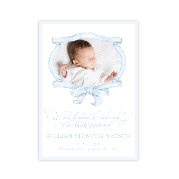 Edie Ribbon Wreath Blue Birth Announcement