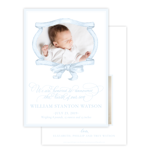 Edie Ribbon Wreath Blue Birth Announcement