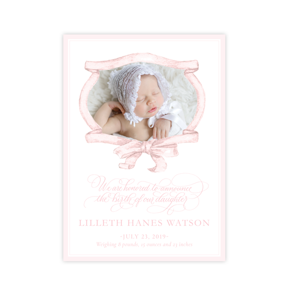 Edie Ribbon Wreath Pink Birth Announcement