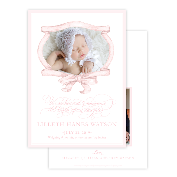 Edie Ribbon Wreath Pink Birth Announcement