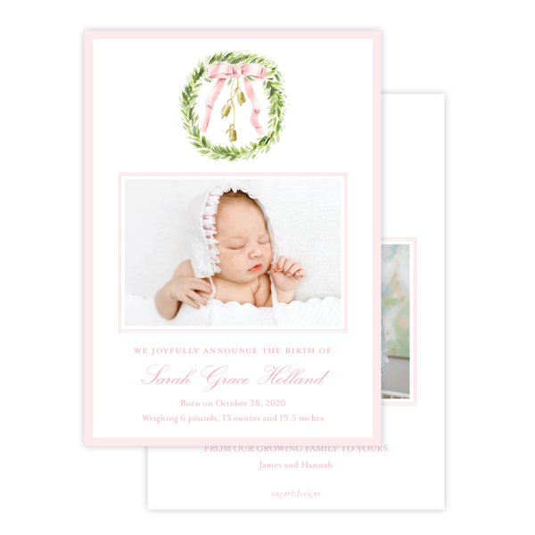 Harrington Wreath Pink Christmas Card Birth Announcement