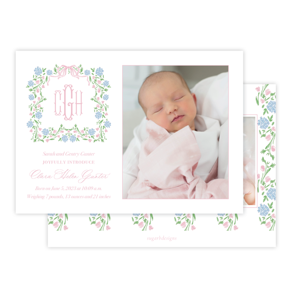 Lou Lou Floral Monogram Wreath Birth Announcement