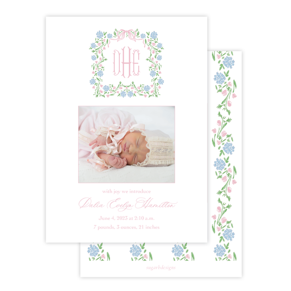 Lou Lou Floral Monogram Wreath Portrait Birth Announcement