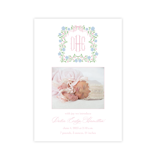 Lou Lou Floral Monogram Wreath Portrait Birth Announcement