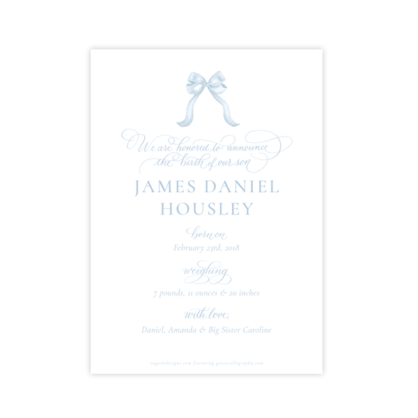 Leslee Bow Blue Birth Announcement