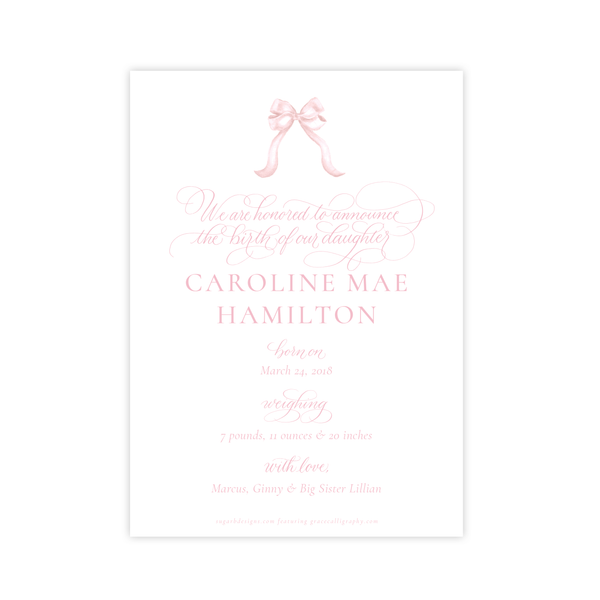 Leslee Bow Pink Birth Announcement