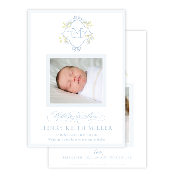 Lovely Lily James Blue Monogram Birth Announcement