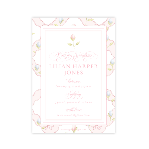 Lovely Lily James Pink Pattern Birth Announcement