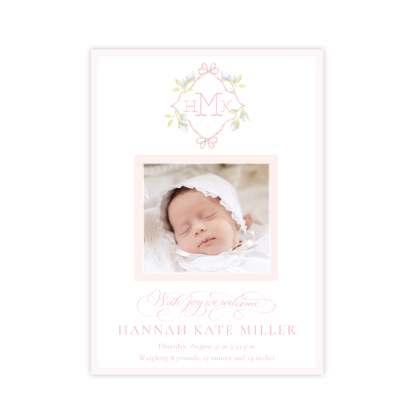 Lovely Lily James Pink Monogram Birth Announcement