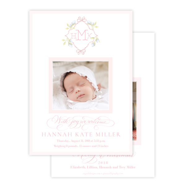 Lovely Lily James Pink Monogram Birth Announcement Christmas Card