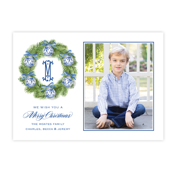 Mitchell Manor Wreath Blue Christmas Card Landscape
