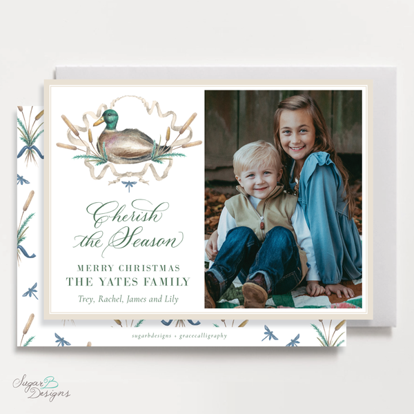 Merry Mallard Blue Horizontal Christmas Card