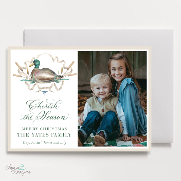 Merry Mallard Blue Horizontal Christmas Card