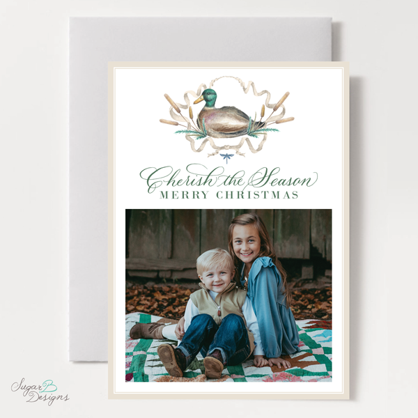Merry Mallard Blue Vertical Christmas Card